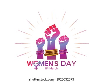 8th March, International women's day with woman sign, fist hand and typography