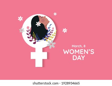 8th March, International Women's Day card with woman face, floral decoration and female symbol isolated on sweet pink background. Vector Design.