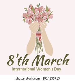 8th March postcard with bouquet of pink flowers in hands