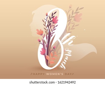 8th March Text Decorated with Flowers and Leaves on Peach Brown Background for Happy Women's Day.