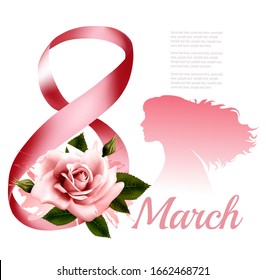 8th March vintage illustration. Pink rose with women sulhouette. Vector.