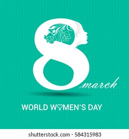 8th March WOmen Face Creative Green background. Happy Women's Day template
