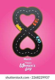 8th march women's day creative vector design with road and cars on the pink background