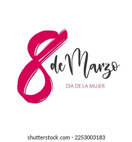 8th March, Women's Day lettering in Spanish and gender symbol. Vector illustration. Isolated on white background