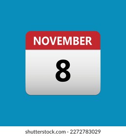 8th November calendar icon. November 8 calendar Date Month icon. Isolated on blue background