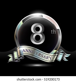8th silver anniversary logo, vector celebration design with ring and ribbon.