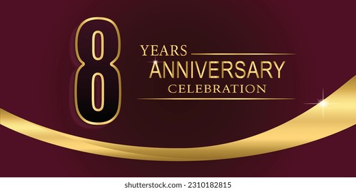 8th Year anniversary celebration background. Golden lettering and a gold ribbon on dark background,vector design for celebration, invitation card, and greeting card.