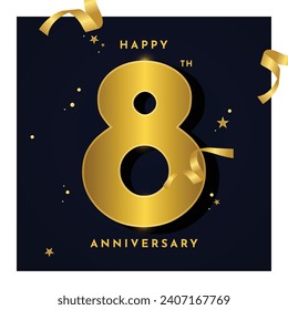 8th Year anniversary celebration background. 3D Golden numbers with bent ribbon, confetti