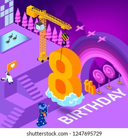 8th year Anniversary Celebration concept with characters. Flat isometric vector illustration