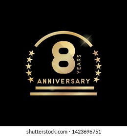 8th year anniversary golden emblem. Vector icon