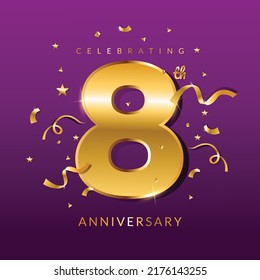 8th year anniversary vector banner template.birthday celebration banner with confetti.