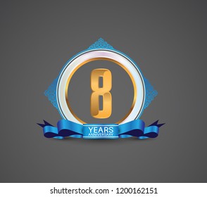 8th year logotype anniversary design with white ring, blue ornament and ribbon for use celebration event of your company, party, wedding and precious moment