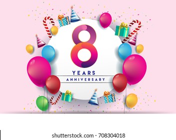 8th years Anniversary Celebration Design with balloons and gift box, Colorful design elements for banner and invitation card.