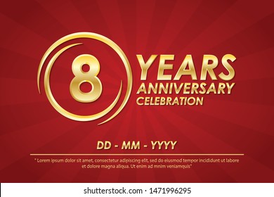 8th years anniversary celebration emblem. anniversary logo with ring and elegance of golden on red background, vector illustration template design for celebration greeting card and invitation card