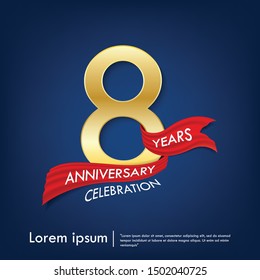 8th years anniversary celebration emblem. anniversary elegance golden logo with red ribbon on dark blue background, vector illustration template design for celebration greeting and invitation card