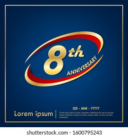 8th years anniversary celebration emblem. anniversary elegance golden logo with red ring on blue background, vector illustration template design for web, celebration greeting card and invitation card