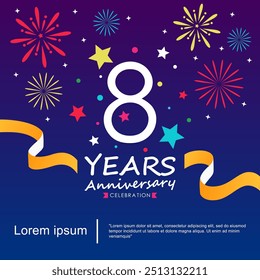 8th years anniversary celebration emblem logo isolated with ribbon, stars and fireworks sparkle twinkle. vector illustration template design for web, flyers, poster, invitation card, greeting card