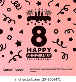 8th years anniversary celebration emblem. Happy anniversary logo isolated birthday cake and candle with confetti line doodle. vector illustration template design for web, flyers, poster, greeting