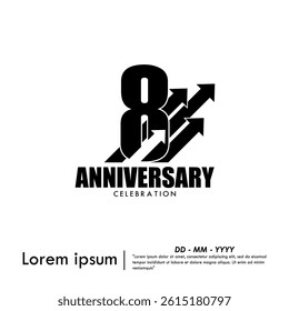 8th years anniversary celebration emblem. anniversary logo isolated with arrow lines growth up to target on white background. vector illustration template design for web, flyers, poster, greeting
