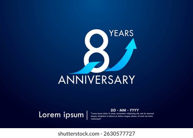 8th years anniversary celebration emblem. anniversary logo isolated with arrow growth up and blue ribbon on dark blue background. vector illustration template design for web, flyers, poster, greeting