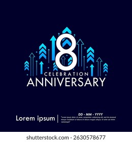 8th years anniversary celebration emblem. anniversary logo isolated with arrows up to target on dark blue background. vertical line. vector illustration template design
