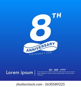 8th years anniversary celebration emblem. white anniversary logo isolated with infinity circle ribbon on blue background. vector illustration template design for web, flyers, poster, greeting card