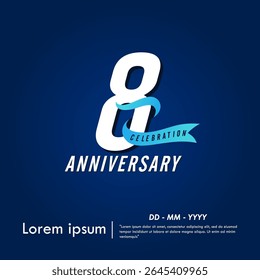 8th years anniversary celebration emblem. elegant anniversary logo isolated with blue ribbon on dark blue background. vector illustration template design for web, flyers, poster, greeting card
