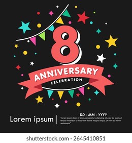 emblème de célébration du 8e anniversaire. logo d'anniversaire isolé avec des étoiles colorées et un drapeau et un ruban de bruant. template d'illustration vectorielle design pour web, flyers, poster, carte d'invitation