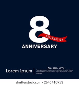 8th years anniversary celebration emblem. elegant anniversary logo isolated with red ribbon on dark blue background. vector illustration template design for web, flyers, poster, invitation card
