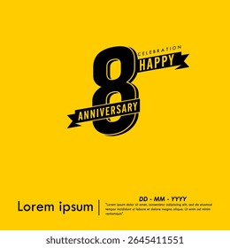 8th years anniversary celebration emblem. black logo isolated with ribbons on yellow background. vector illustration template design for web, flyers, poster, greeting card and invitation card