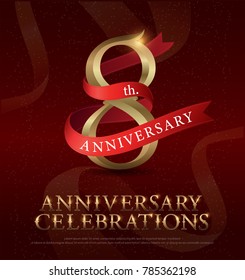8th years anniversary celebration golden logo with red ribbon on red background. vector illustrator