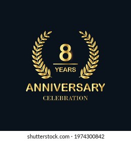 8th years anniversary celebration logo golden colour , laurel wreath invitation card, and greeting card, vector design template.