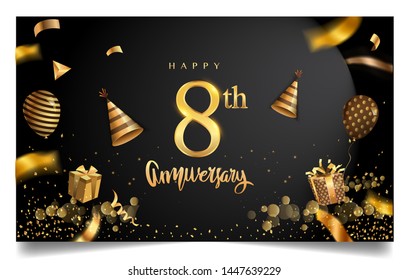 8th years anniversary design for greeting cards and invitation, with balloon, confetti and gift box, elegant design with gold and dark color, design template for birthday celebration.