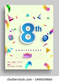 8th Years Anniversary invitation Design, with gift box and balloons, ribbon, Colorful Vector template elements for birthday celebration party.