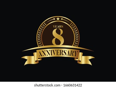 8th years anniversary logo template, vector design birthday celebration, Golden anniversary emblem with ribbon. Design for a booklet, leaflet, magazine, brochure, poster, web, invitation or greeting