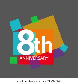 8th years anniversary logo, vector design isolated on colorful geometric background, for birthday celebration.