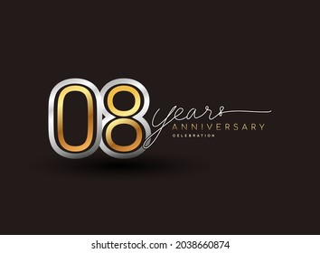 8th years anniversary logotype with multiple line silver and golden color isolated on black background for celebration event.