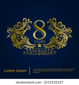 8th years elegant golden anniversary celebration emblem logo with brush-strokes rounded by ornate swirls and flourishes. vector illustration template design for web, flyers, poster, greeting