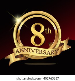 8th years golden anniversary logo celebration with ring and ribbon. Vector template elements for your birthday party.