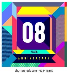 8th years greeting card anniversary with colorful number and frame. logo and icon with Memphis style cover and design template