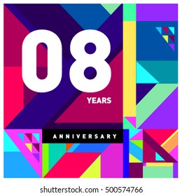 8th years greeting card anniversary with colorful number and frame. Memphis style cover and design template