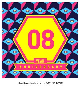 8th years greeting card anniversary with colorful number and frame. logo and icon with Memphis style cover and design template