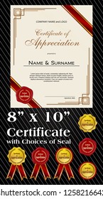 8x10 size of Certificate of Appreciation with laurel wreath and wax seal portrait version