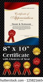 8x10 size of Certificate of Appreciation with laurel wreath and wax seal portrait version