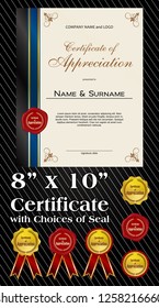 8x10 size of Certificate of Appreciation with laurel wreath and wax seal portrait version