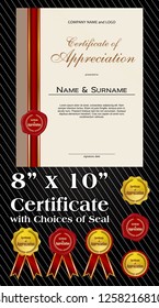 8x10 size of Certificate of Appreciation with laurel wreath and wax seal portrait version