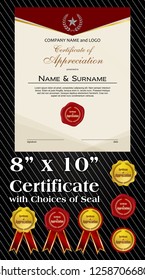 8x10 size of Certificate of Appreciation with laurel wreath and wax seal portrait version