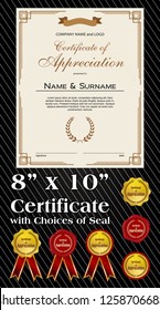 8x10 size of Certificate of Appreciation with laurel wreath and wax seal portrait version