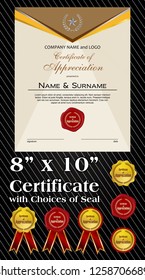 8x10 size of Certificate of Appreciation with laurel wreath and wax seal portrait version