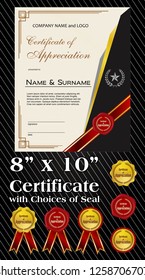 8x10 size of Certificate of Appreciation with laurel wreath and wax seal portrait version